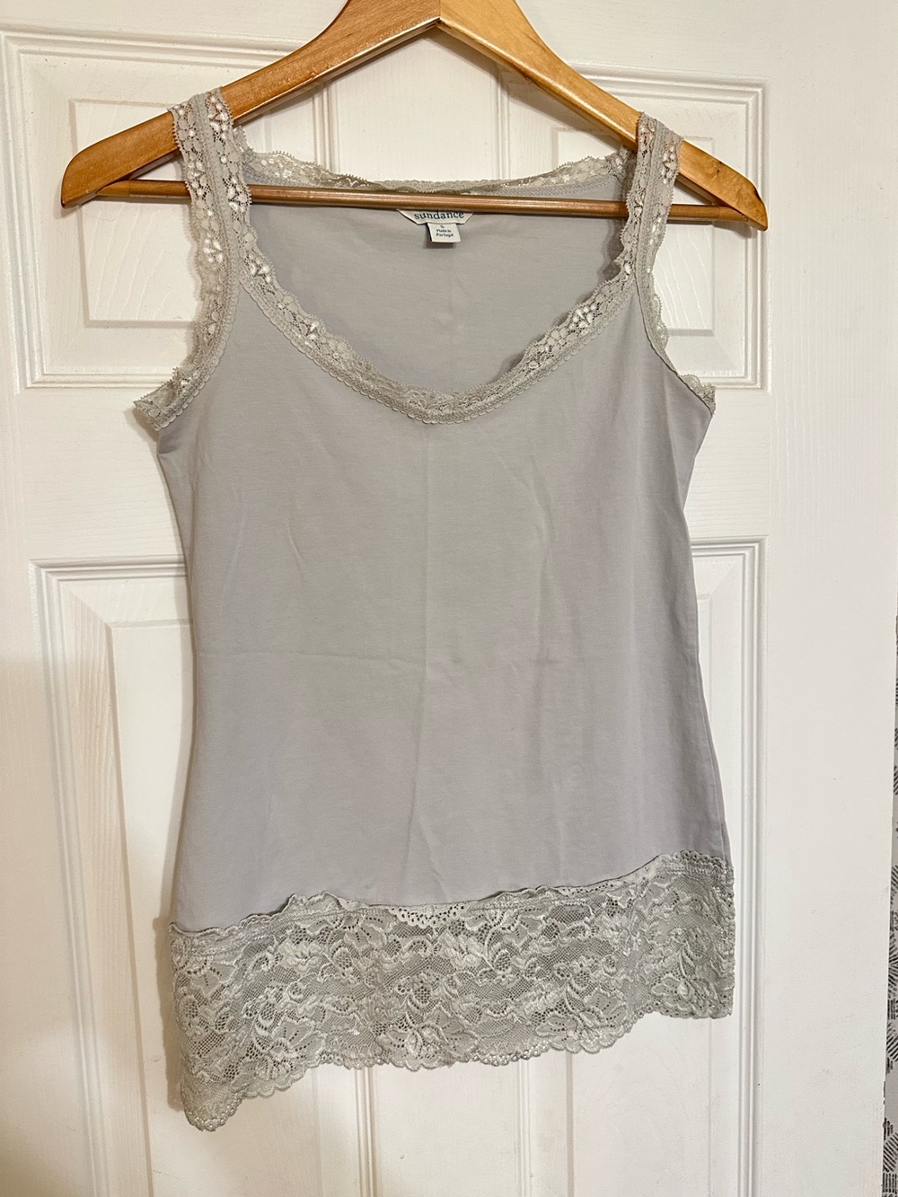 Sundance Gray Elan Tank Lace Trim Low Scoop Neck Camisole S Coquette Fairy Y2K